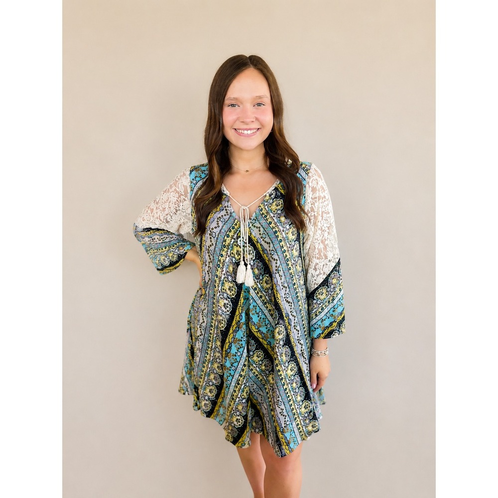 Umgee Tunic Mini Dress Sz S Babydoll Lace Bell Sleeve Blue Boho Peasant Flowy